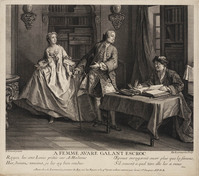 TvB G 5414
<br/>
Voor de gierige vrouw een galante zwendelaar.
<br/>
<em>Larmessin, Nicolas IV de (1684-1756)</em>